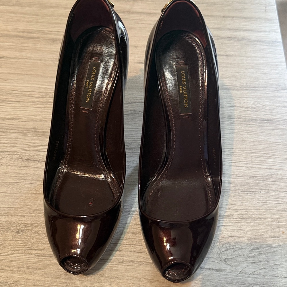 Louis Vuitton Patent Leather Peep Toe Heels in Deep Burgundy - Picture 7 of 7